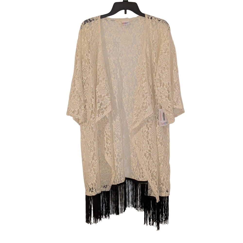 LuLaRoe Monroe Kimono Cardigan Large Cream Floral Lace Black Fringe Boho NWT